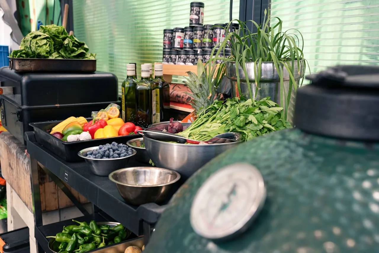 Grill station with kamado and ingredients