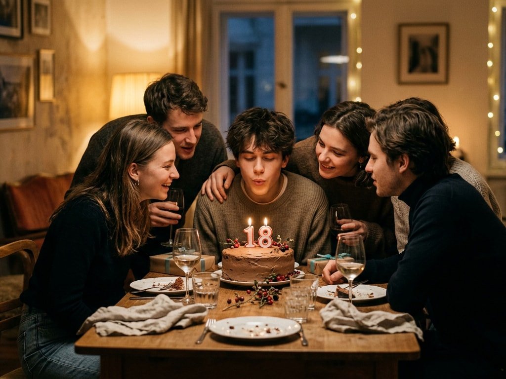 A young man blowing out "18" candles on a chocolate cake surrounded by cheering friends.