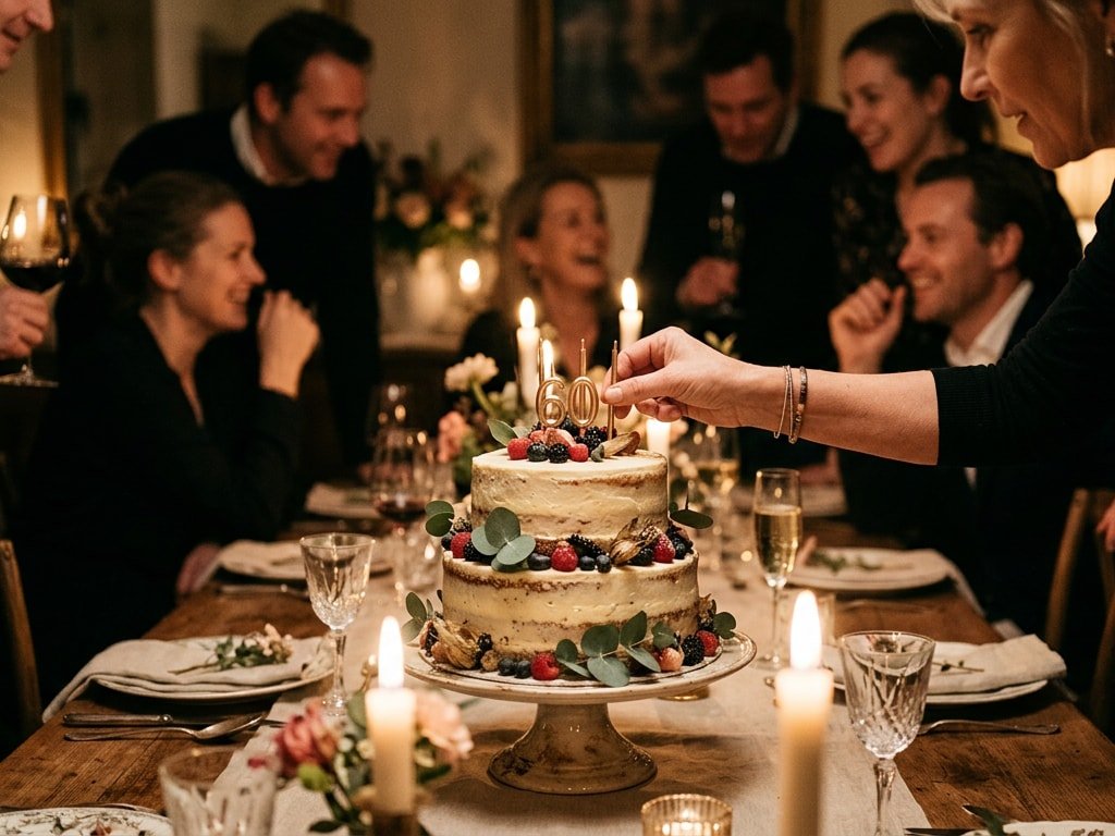 A person lighting "60" candles on a large cake during a birthday dinner with family.