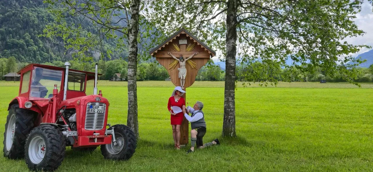 A man is kneeling in front of a woman in a meadow