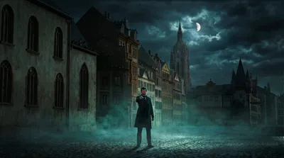 Dark figure standing in fog on a cobbled square at night with Frankfurt Cathedral behind