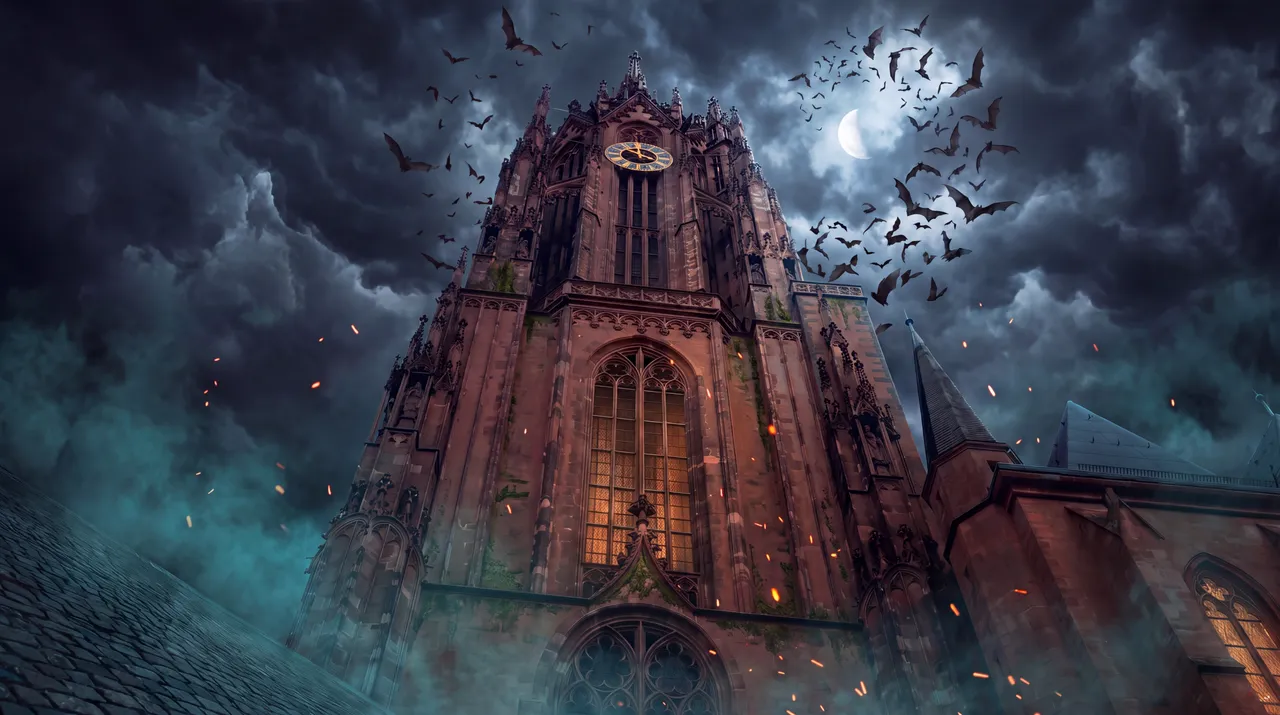 Frankfurt Cathedral seen from below at night with bats and glowing sparks