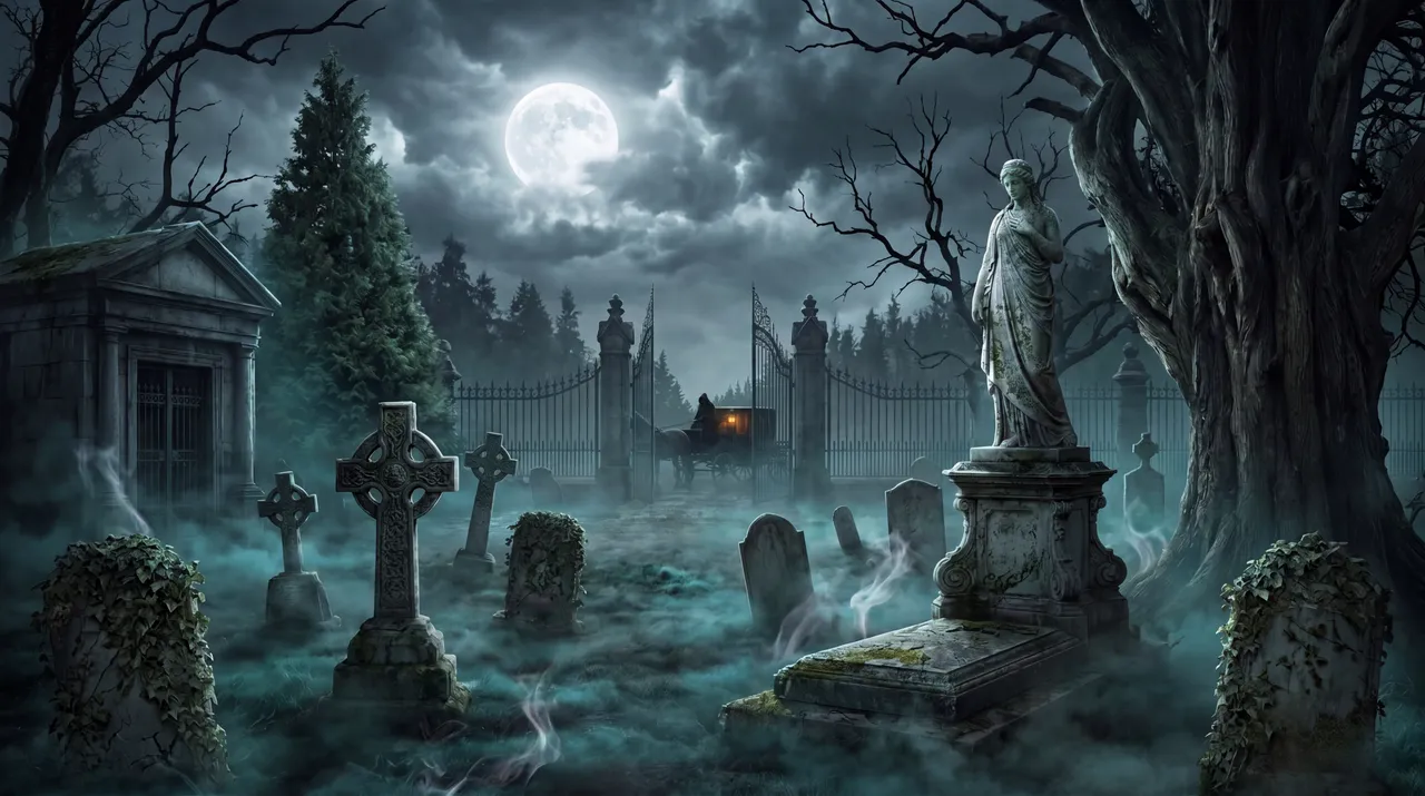 Misty moonlit cemetery with a horse carriage waiting at the gate