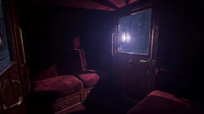 Dark carriage interior with red velvet seats and a lantern at the window