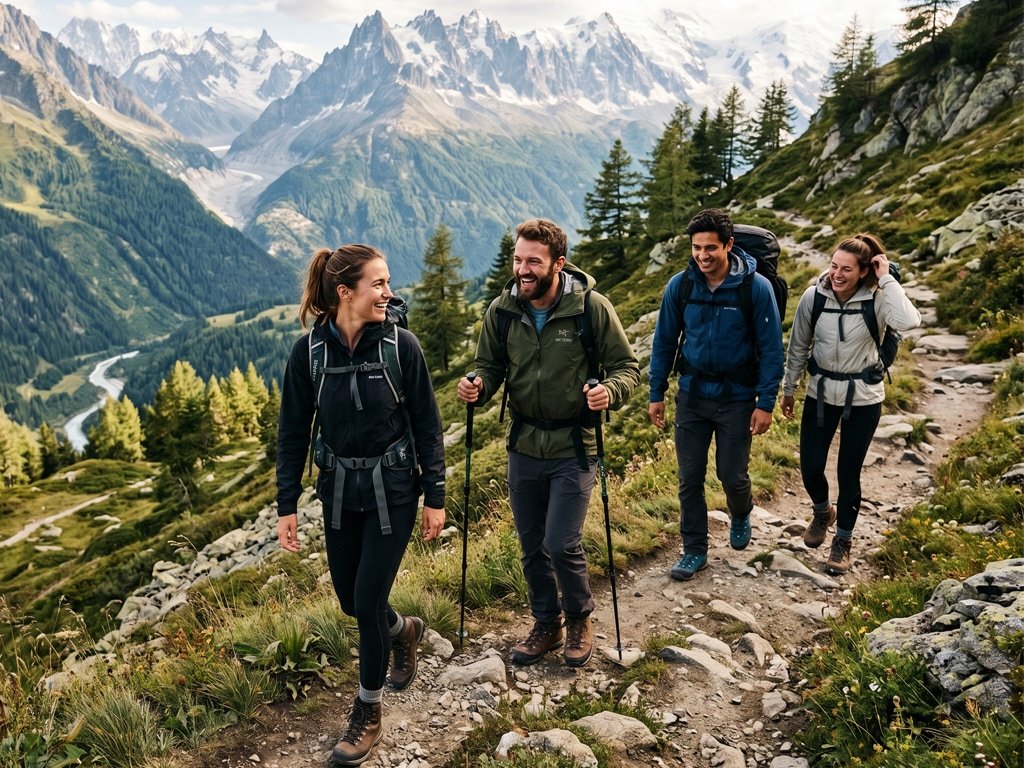 Group hiking through alpine mountains during an active holiday