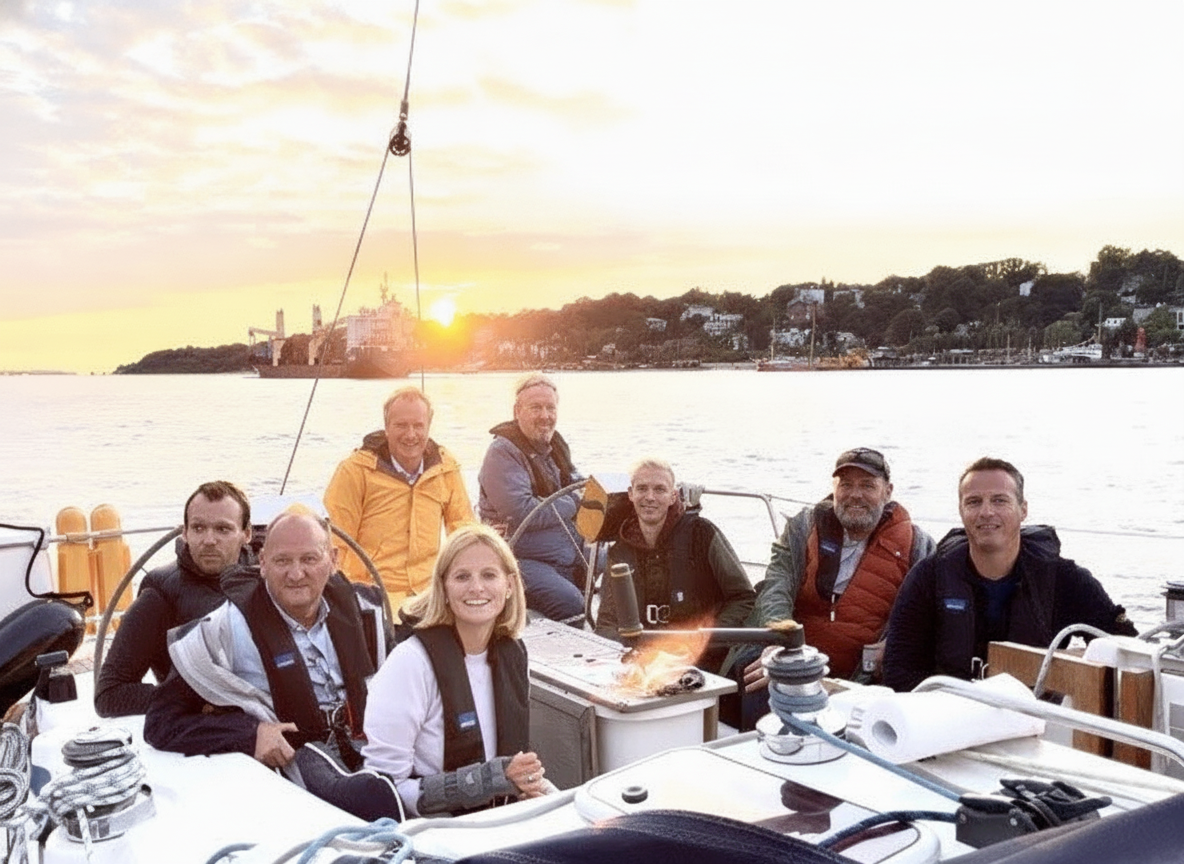 A group of people on a sailing yacht at sunset
