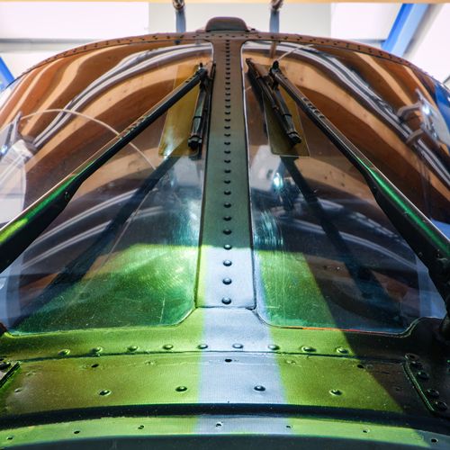 Front windshield and wipers of the original Agusta A109 helicopter used as a flight simulator