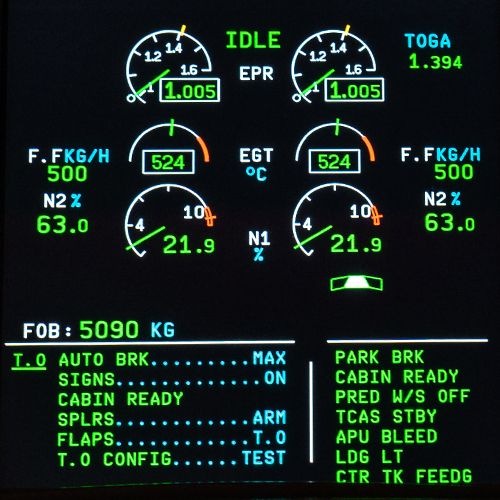 Airbus A320 simulator engine and warning display (ECAM) showing take-off checklist values
