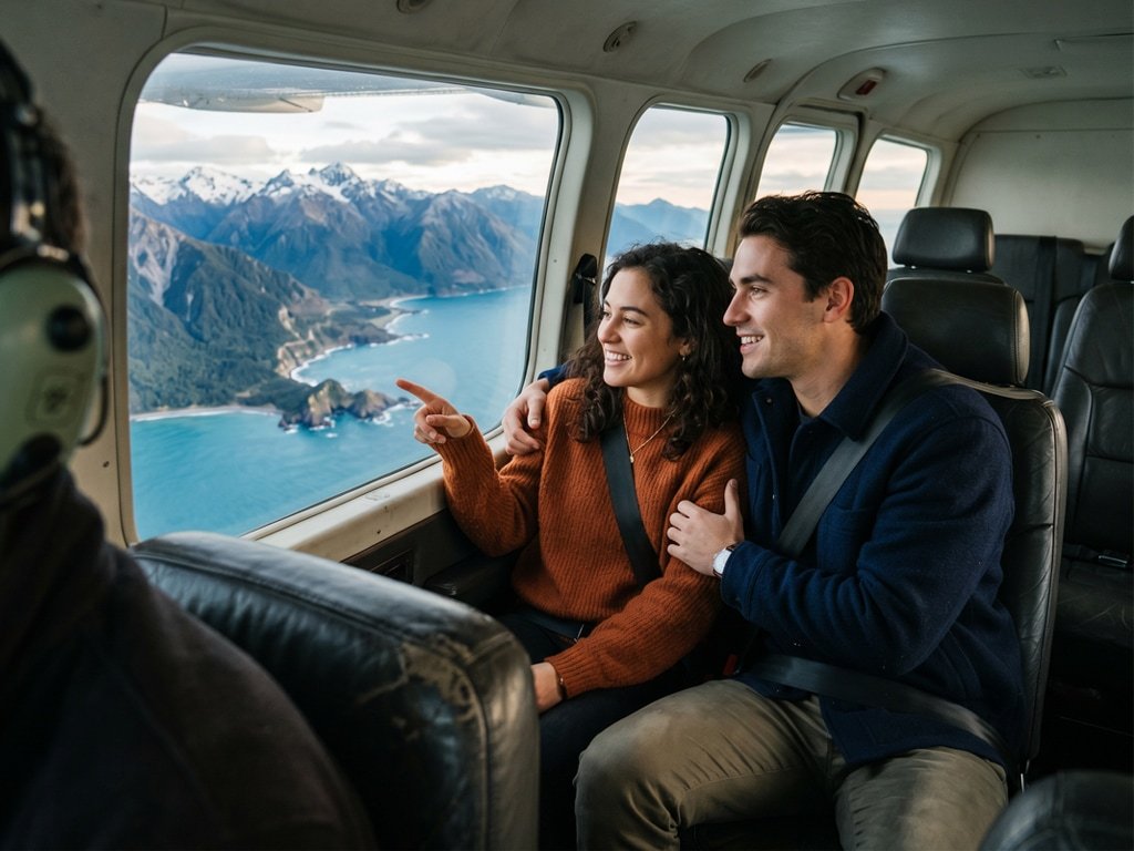 Couple enjoying a scenic sightseeing flight with mountain and lake views from the airplane window
