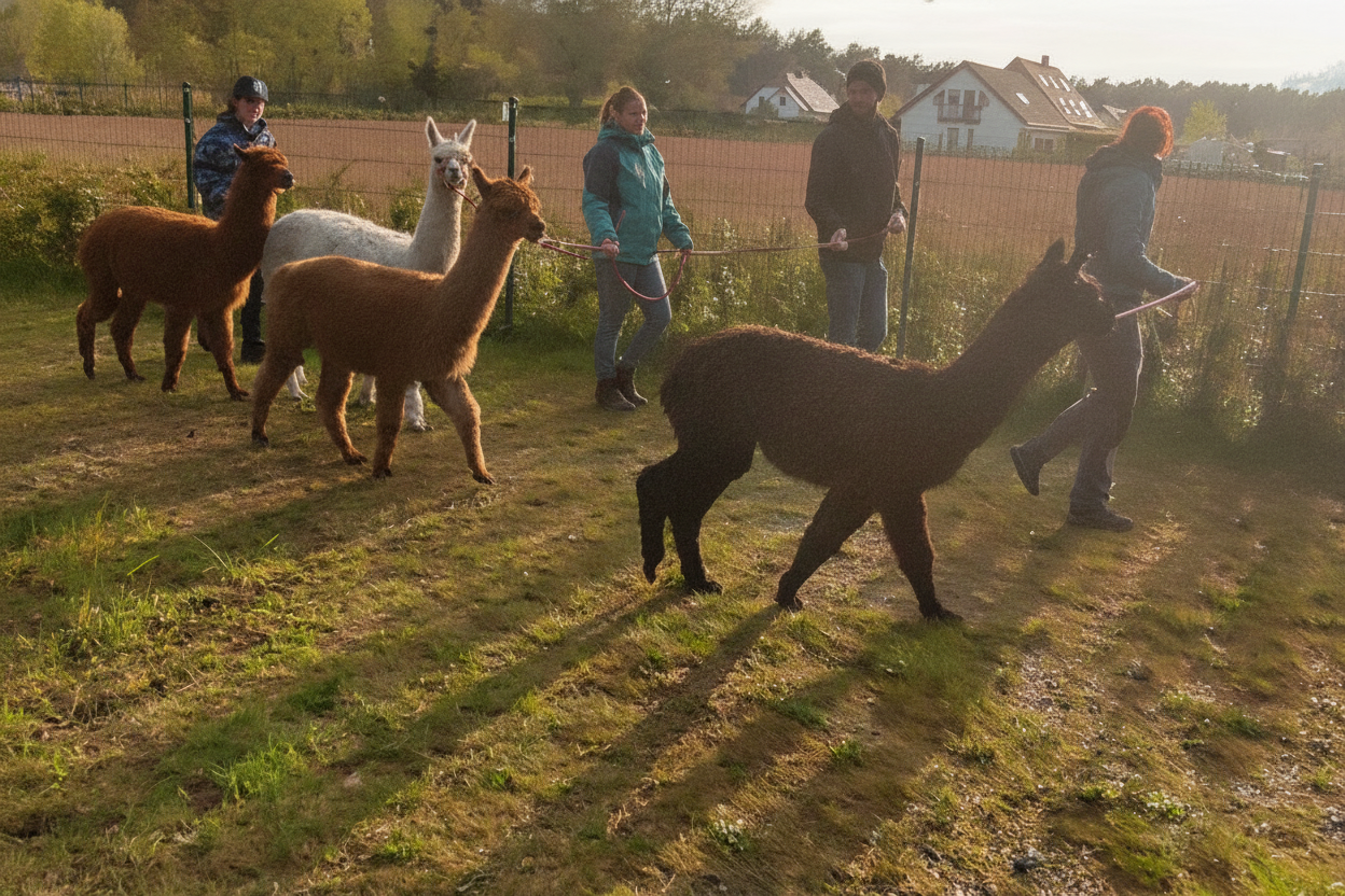 A group of people walking with alpacas