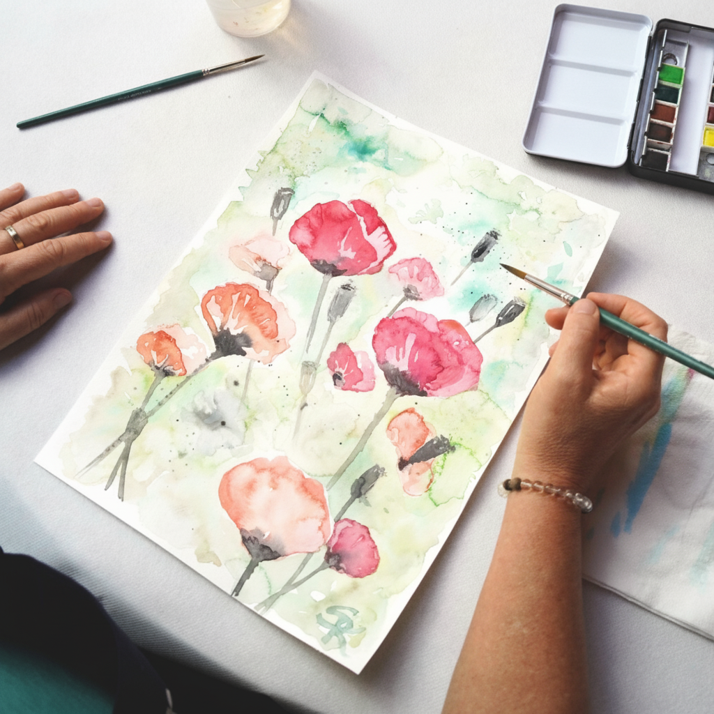 A person paints flowers with watercolors