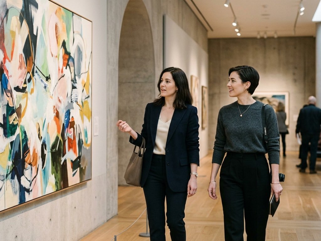 Two women discussing a large abstract colorful painting in a bright, modern art gallery.