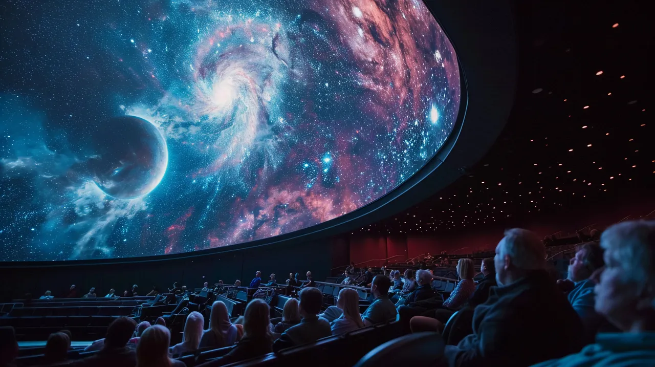 An audience seated in a dark planetarium theater, looking up at a massive, colorful dome projection of a swirling spiral galaxy and a nearby crescent planet.