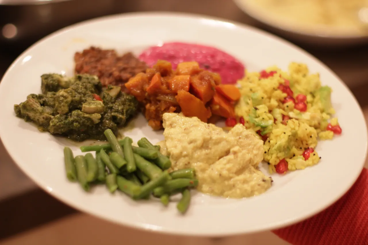 Plate with oriental vegetarian dishes such as green beans, hummus, beetroot dip and rice with pomegranate