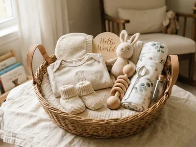 A wicker basket filled with baby gifts, including a plush bunny, booties, and a wooden "Hello World" sign.