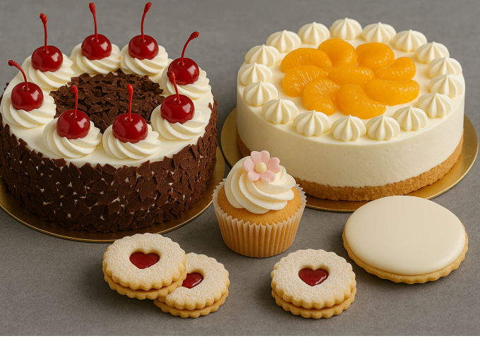 Black Forest cherry cake, apricot cream cake, cupcake and heart-shaped jam cookies on a table