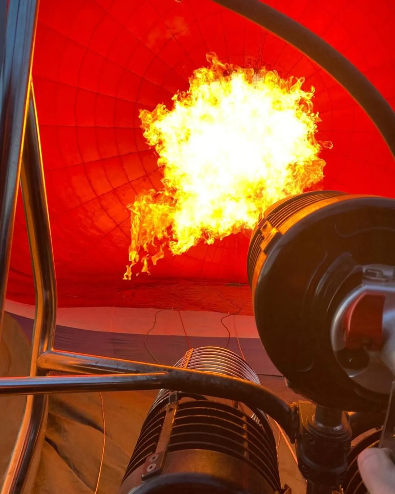 Close-up of the burner flame inside the balloon envelope