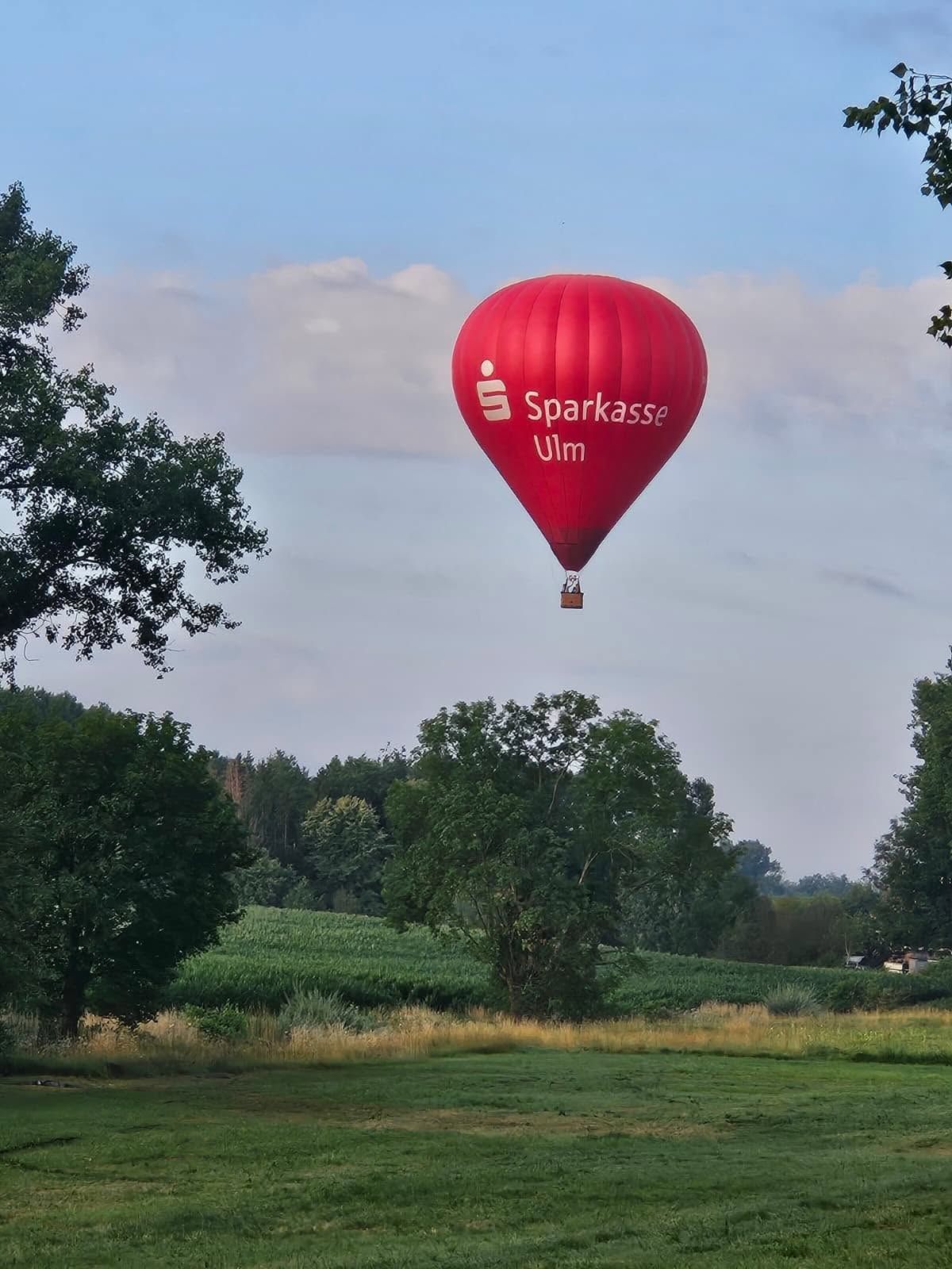 Red hot air balloon floating above trees
