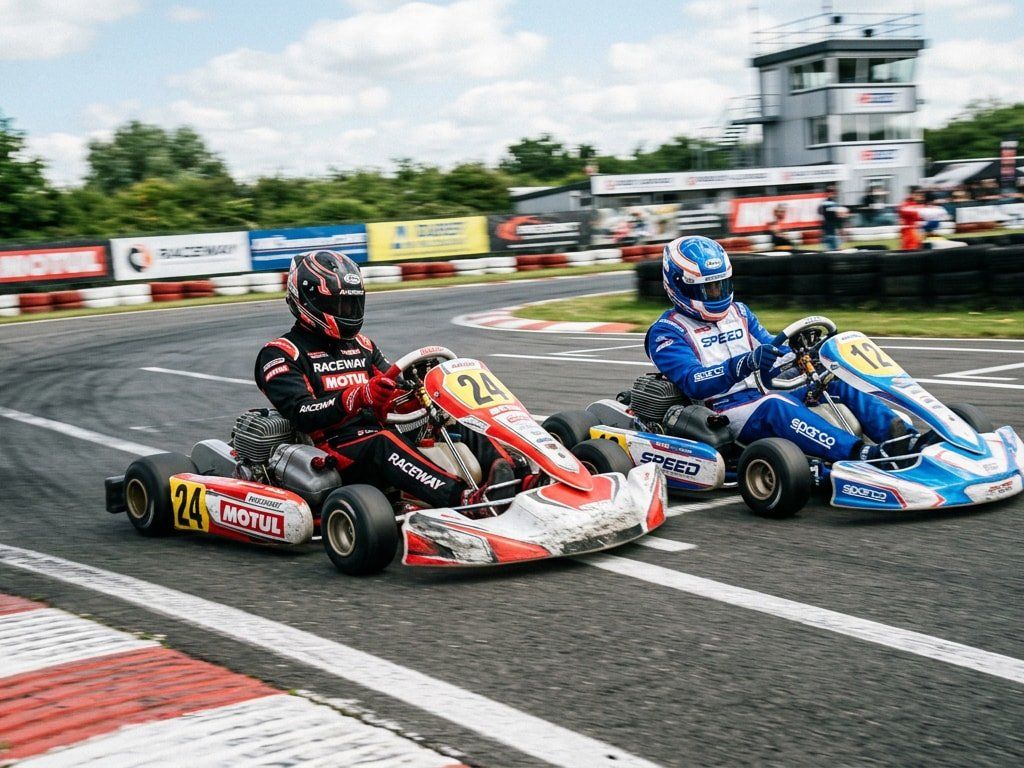 Two friends racing go-karts in full gear on a professional outdoor track.