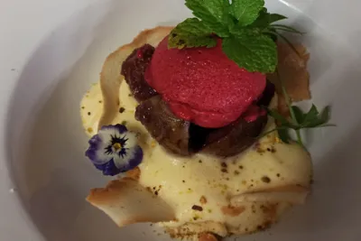 Weißweinschaum, Feige, Himbeersorbet, Crumble