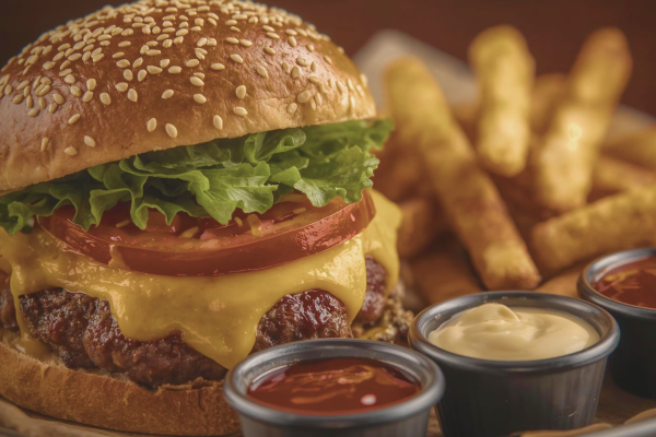 Saftiger Burger und leckere hausgemachte Dips