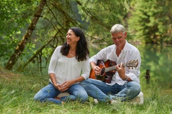 Gitarre, Singen, Mann, Frau, See, Verbindung