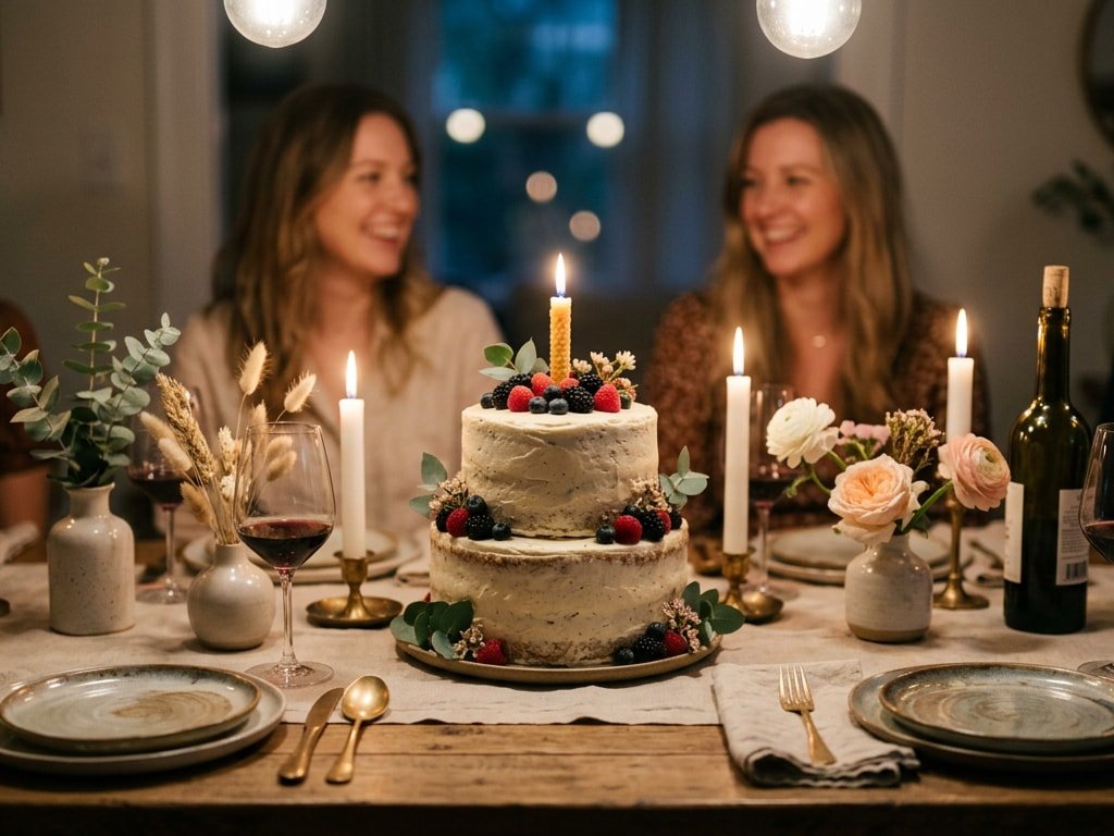 A beautiful two-tier berry cake on a festively decorated table with wine and candles.