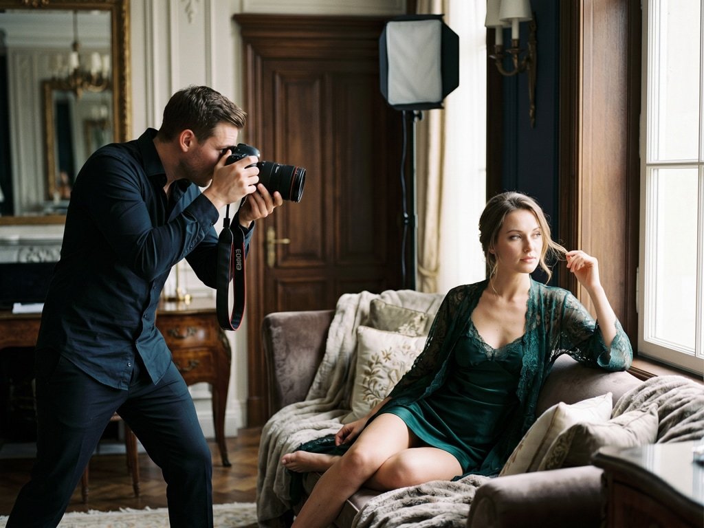 Photographer directing a stylish boudoir photoshoot indoors