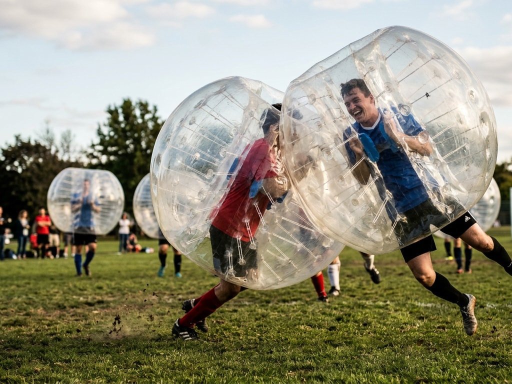 Men playing bubble football on a grass field, bumping into each other in large inflatable zorb balls.