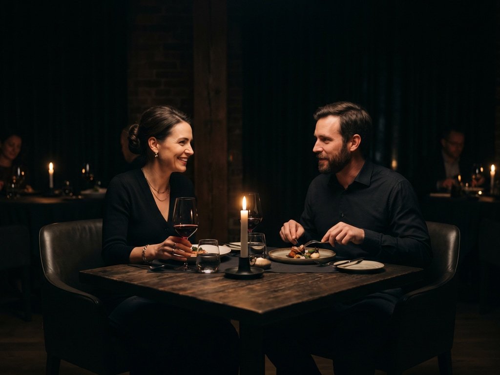 Couple enjoying a candlelight dinner in an elegant restaurant