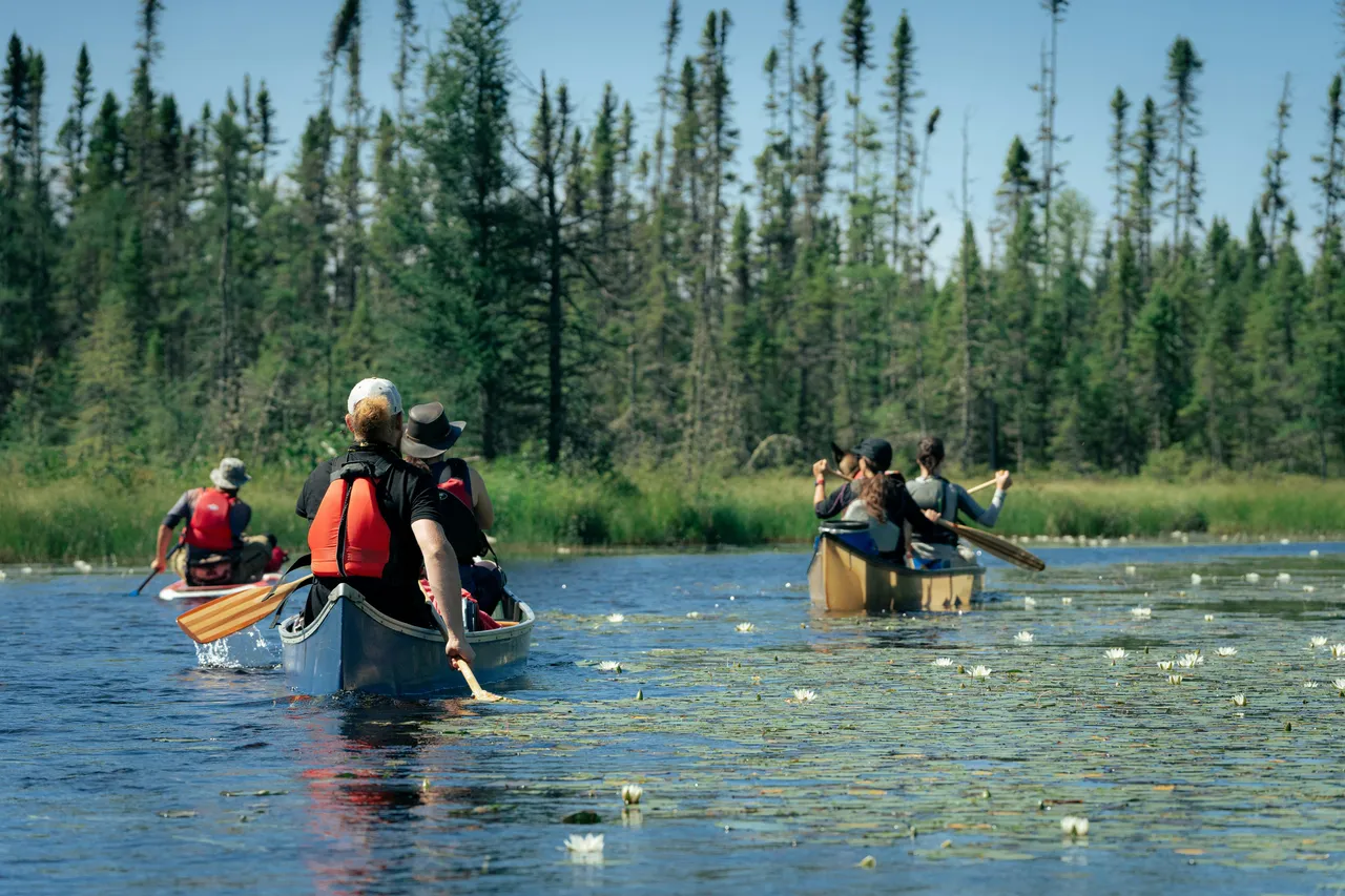 A group of people paddling canoes across a peaceful lake surrounded by dense green forest.