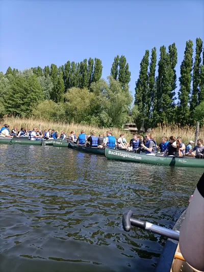 Large group of paddlers in canoes passing a reed belt in Rummelsburg Bay in Berlin