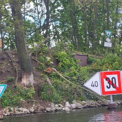 Wooded shoreline of Liebesinsel island with waterway signs in Rummelsburg Bay in Berlin