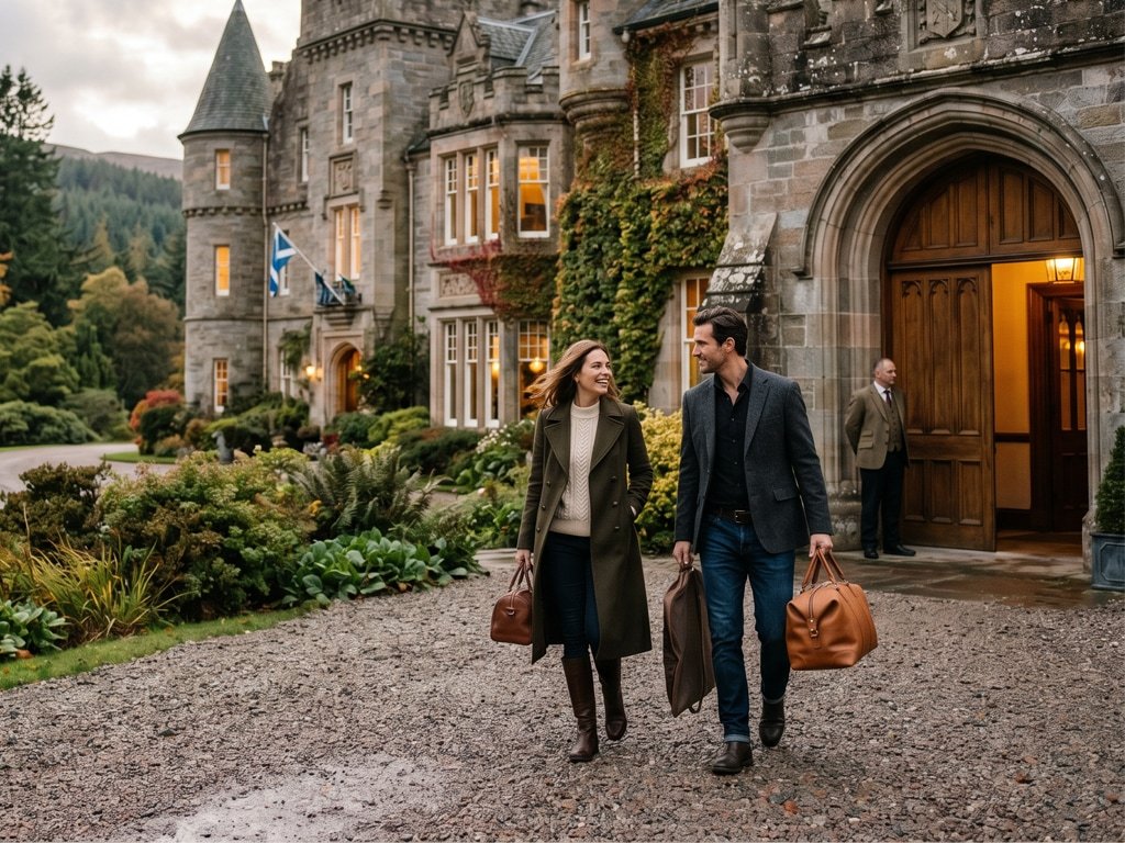 Couple arriving at a historic castle hotel for a romantic getaway