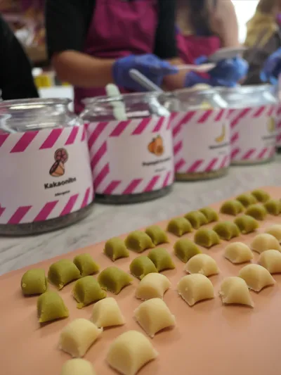 Pieces of green and white marzipan