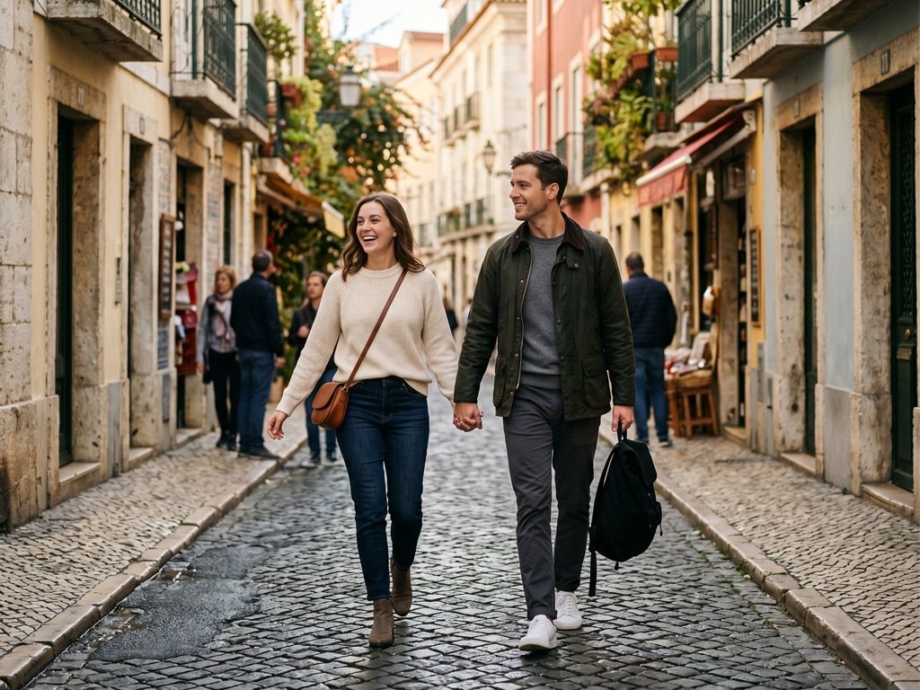 Couple exploring a charming old town during a city break