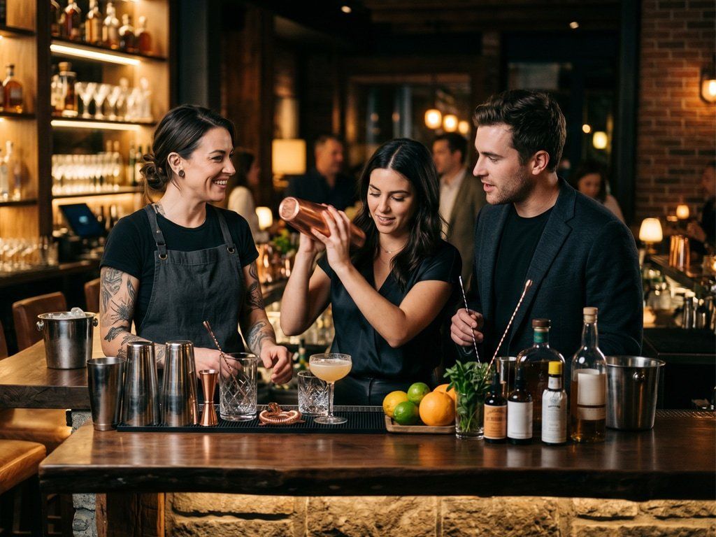 Friends learning cocktail making techniques at a stylish bar workshop