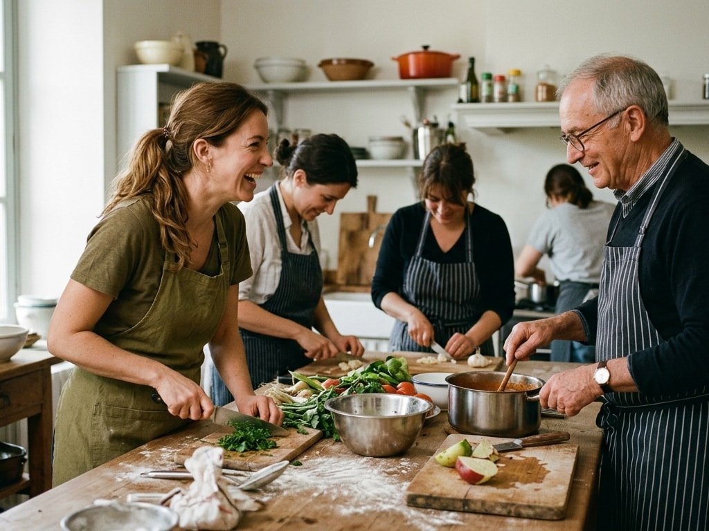 A diverse group of people laughing and preparing fresh food together in a professional kitchen.