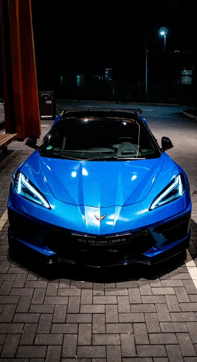 Blue Chevrolet Corvette C8 Z51 Stage 2 photographed head-on at night
