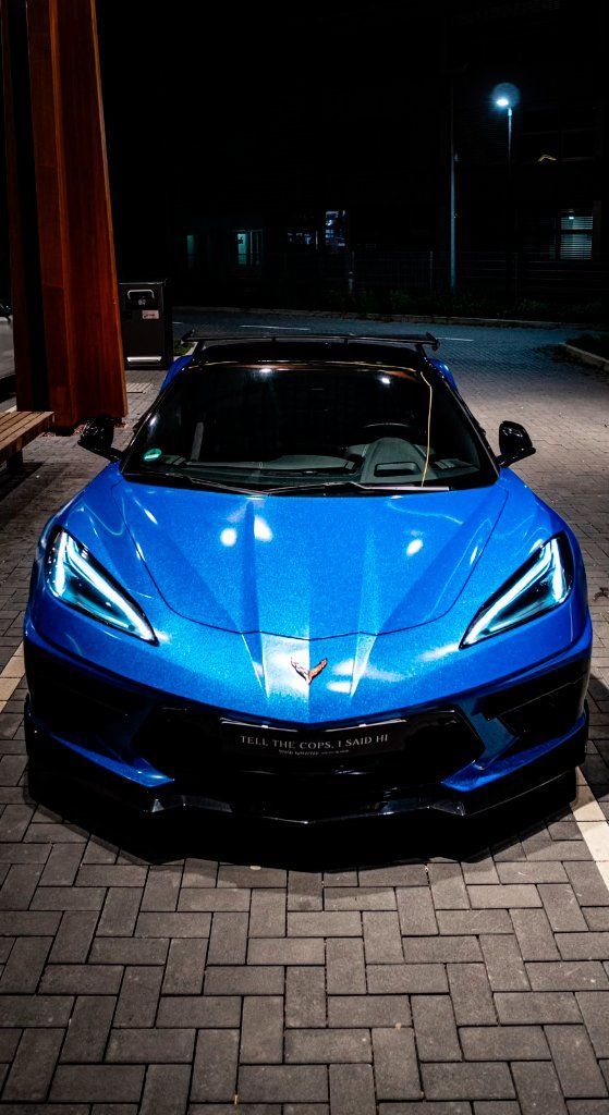 Blue Chevrolet Corvette C8 Z51 Stage 2 photographed head-on at night