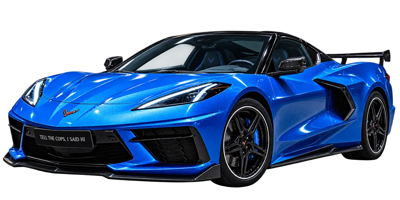 Chevrolet Corvette C8 Z51 Stage 2 in Rapid Blue Metallic cut out on a white background in three-quarter side view