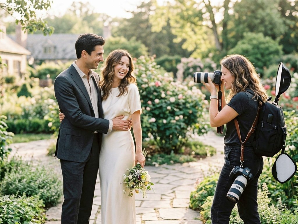 A professional photographer taking pictures of a smiling couple in a beautiful flower garden.