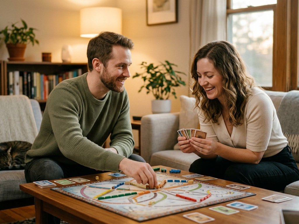 A man and a woman focused on playing a board game together in a cozy home environment.