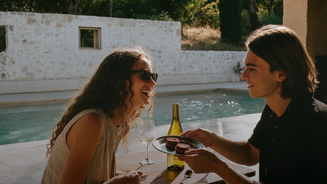Man and woman laughing together over wine and appetizers by a pool