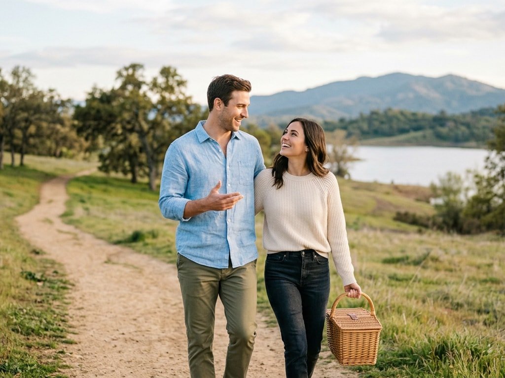 A happy couple walking along a path by a lake, carrying a wicker picnic basket.