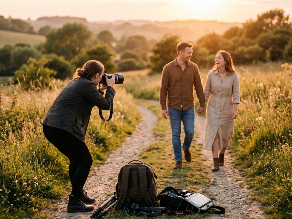 Photographer taking sunset portraits of a couple outdoors