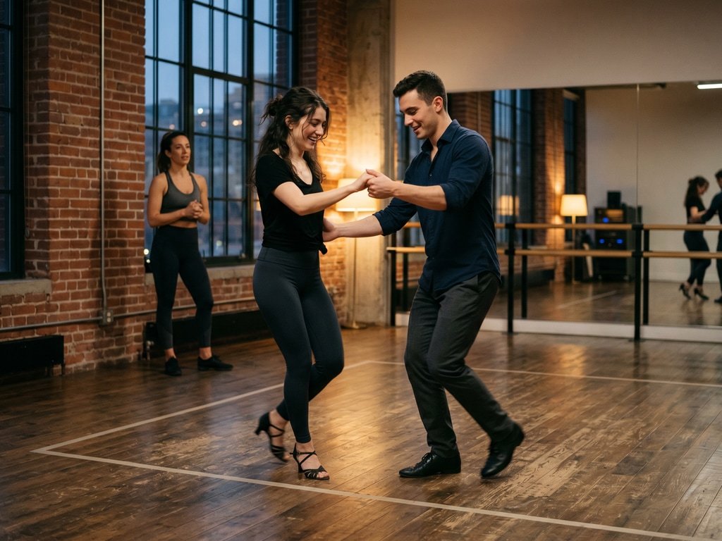 Couple dancing together during a dance class in a studio