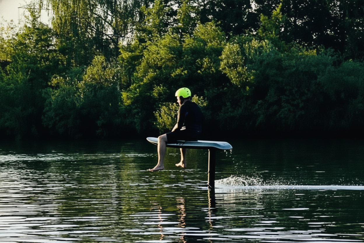 A person sitting on a eFoil board