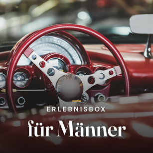 Experience gift box for men – red steering wheel and dashboard of a vintage car