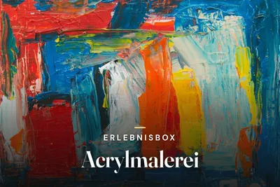 Close-up of bold acrylic brushstrokes in red, blue, orange and yellow on canvas, with the title "Erlebnisbox Acrylmalerei".